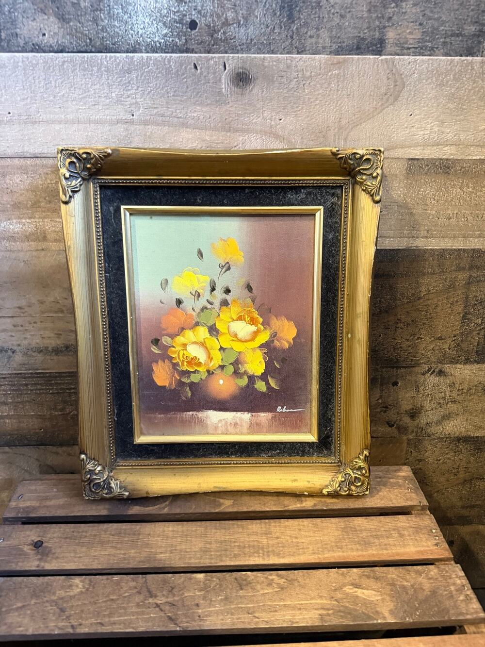Vintage Oil Painting Yellow Rose Still Life-Signed Robar-Black Velvet Gold Frame